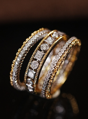 布契拉提风三合一钻石戒指拉丝复古一款多戴 叠戴18k金钻石戒指