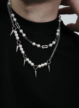 通勤风金属铆钉珍珠流苏叠戴项链