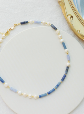 蓝玉髓淡水珍珠梵高星空原创项链