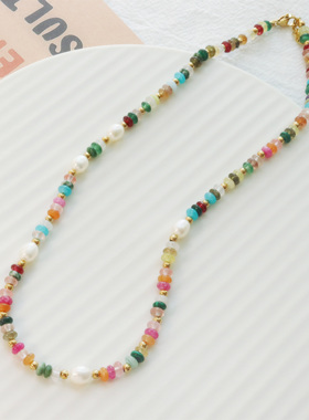 彩色玉石淡水珍珠多巴胺国潮项链