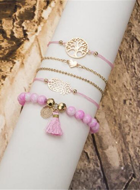 欧美风粉色系镂空生命树心形手链