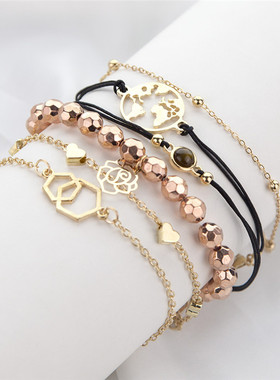 欧美风夸张几何花朵爱心串珠手链