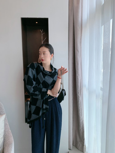 ABow 春季德国机/中性灰棋盘格纹破洞宽松羊毛薄款套头毛衣女围巾 - 图1