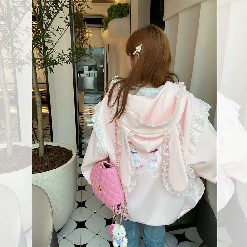 超大码300斤可爱兔耳朵连帽卫衣外套女春秋甜美减龄宽松开衫上衣 - 图1
