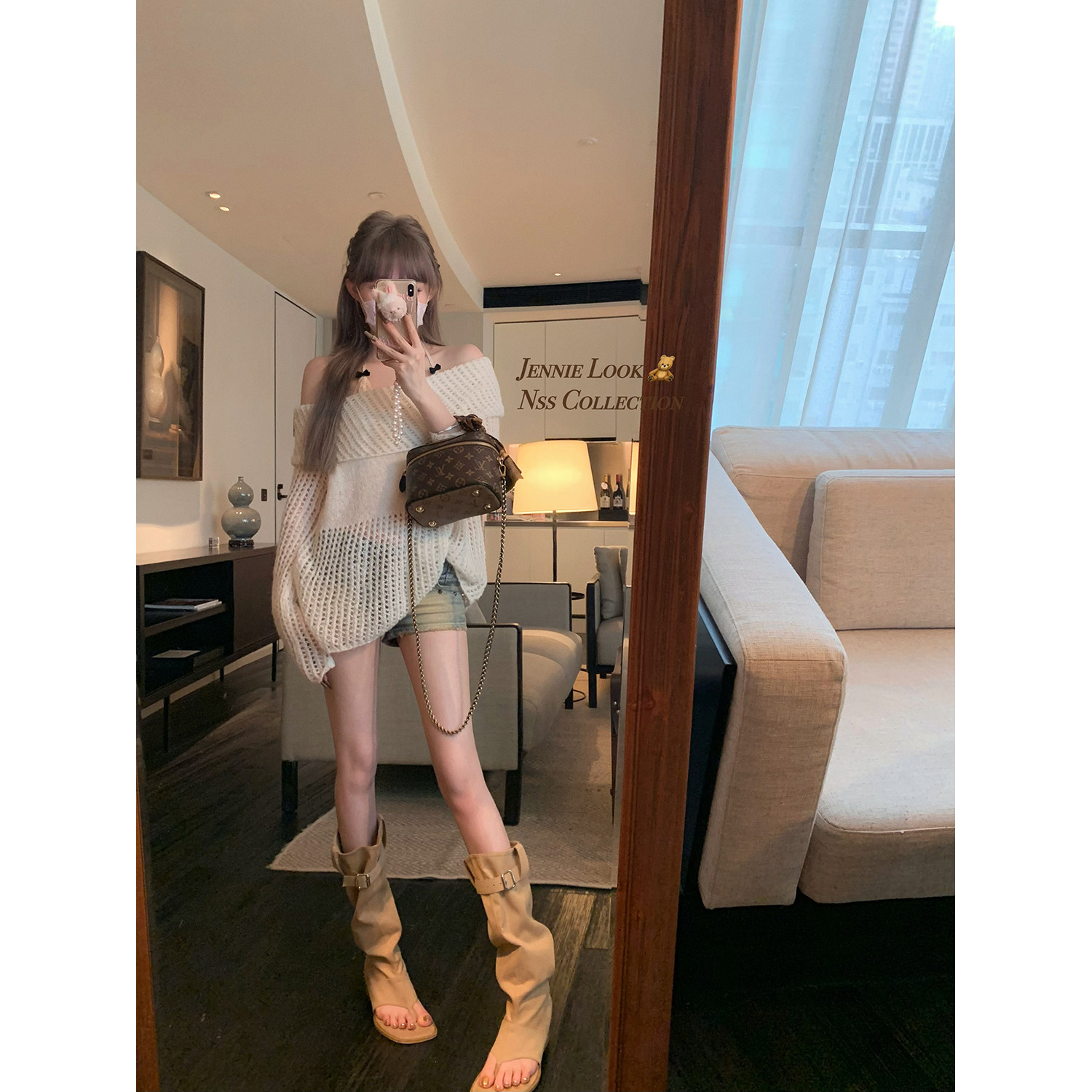 NSS COLLECTION 松黎茶语 银丝马海毛上衣女一字肩薄款镂空针织衫,淘宝优惠券,粉丝福利购,淘宝优惠卷