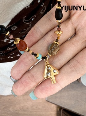 日出蘑菇天然石串珠项链小众叠戴复古高级感轻奢波西米亚风毛衣链