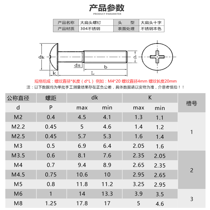 M5mm 304不锈钢大扁头机螺钉 蘑菇头十字螺丝 伞头 *6/8/10-100