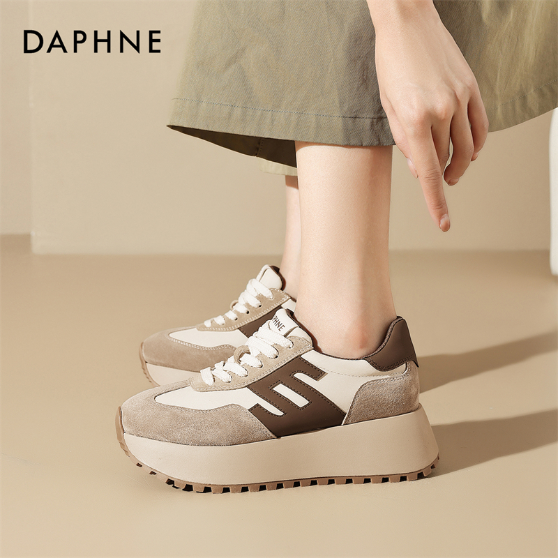 达芙妮真皮阿甘鞋女款2025新款秋季棕色厚底增高老爹鞋运动休闲鞋 - 图1