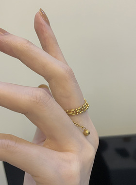 日韩冷淡风抽拉链条小众风硅胶珠三层调节戒指钛钢镀18K金不掉色