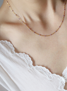 不褪色粉紫色滴釉彩色豆豆项链波西米亚圆珠链颈链脖链钛钢锁骨链