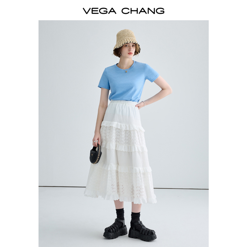 VEGA CHANG蕾丝半身裙女2024年夏装新款法式小众显瘦蛋糕花边裙子-图0