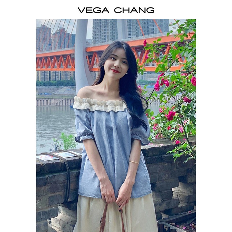 VEGA CHANG牛仔衬衫女2024年夏季新款法式小众宽松荷叶边圆领上衣