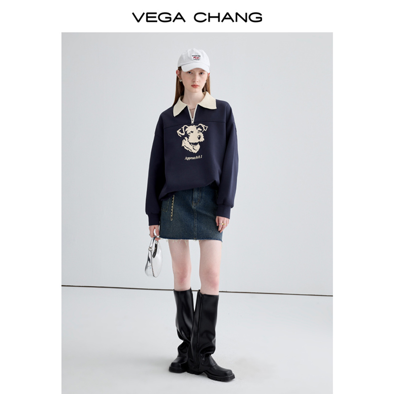 VEGA CHANG卫衣女小个子2024年秋季新款polo领印花外套卫衣ins潮