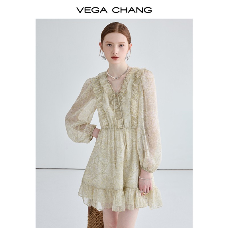 【现货】VEGA CHANG南法度假风连衣裙女夏设计感法式复古印花裙子