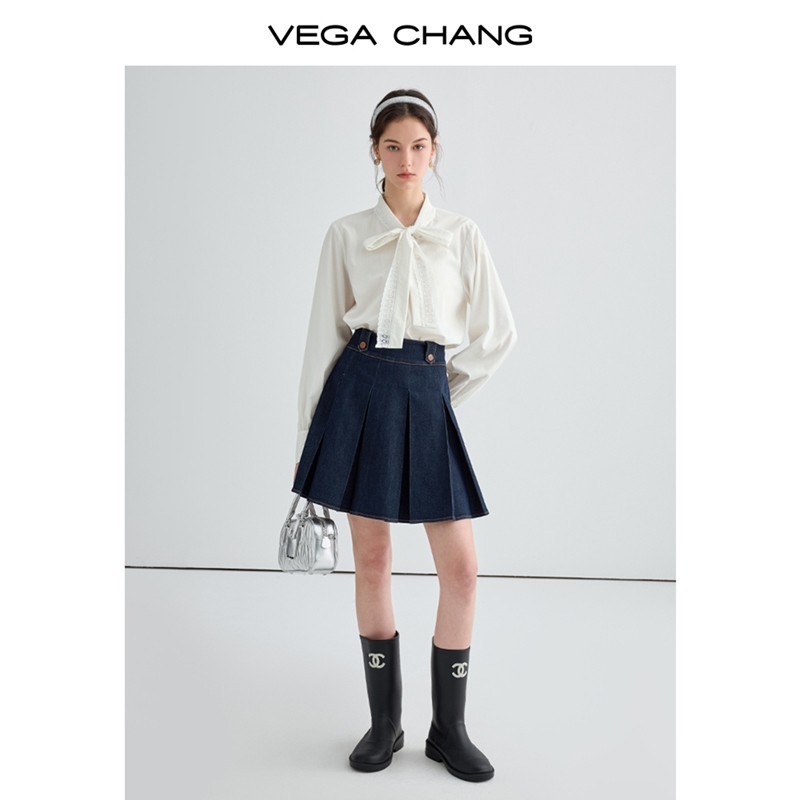 VEGA CHANG白衬衫女2024年秋季新款优雅提花蕾丝飘带蝴蝶结衬衫 - 图0