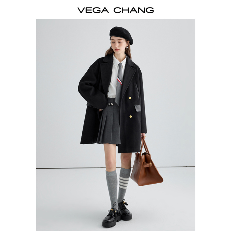 VEGA CHANG赫本风羽绒大衣女冬小个子学院风高级感黑色毛呢外套 - 图1