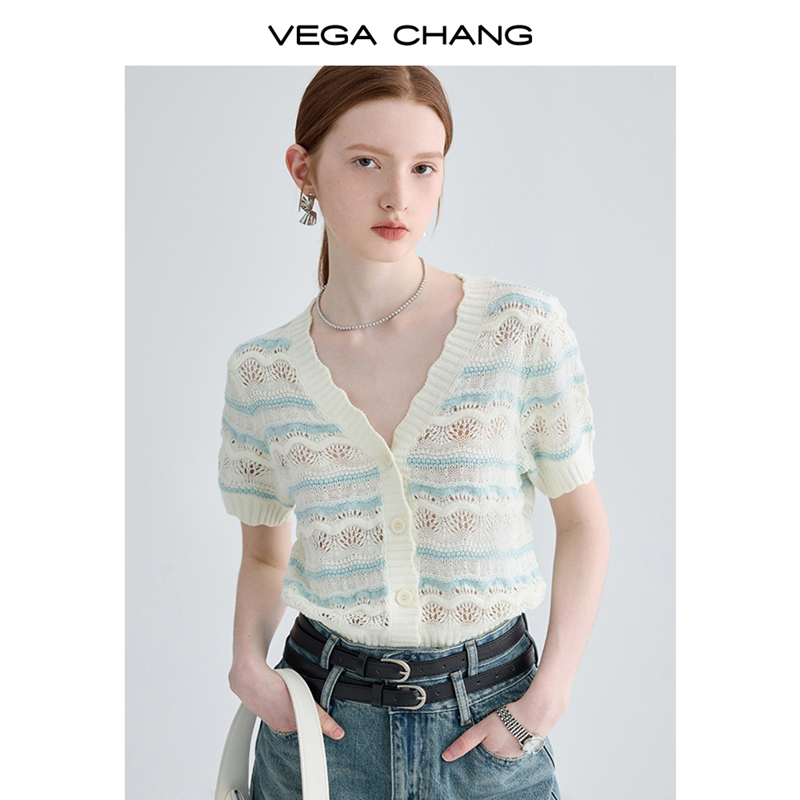 VEGA CHANG短袖针织衫女2024夏季新款小众设计感条纹提花镂空上衣 - 图2