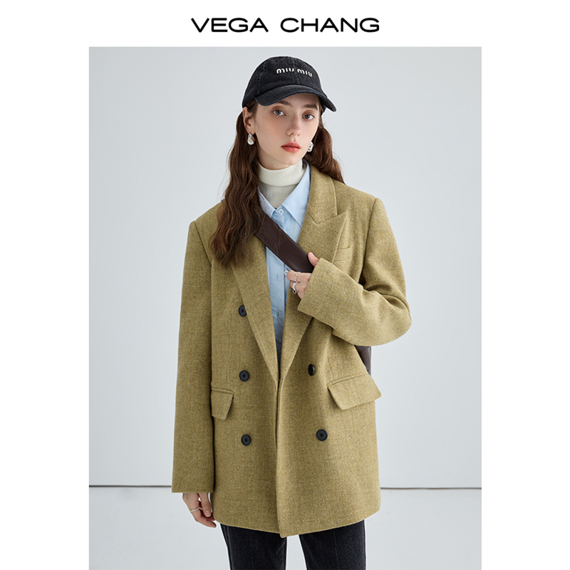 VEGA CHANG羊毛呢子大衣女冬2023新款英伦风加厚保暖毛呢西装外套-图1