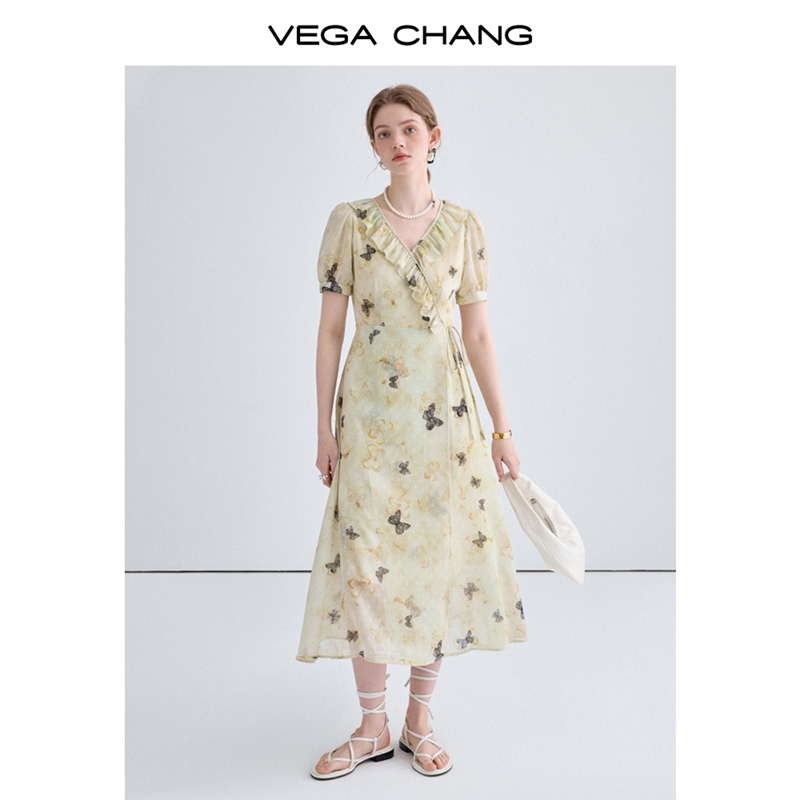 VEGA CHANG连衣裙女2024年夏季新款蝴蝶印花绑带式设计花边领长裙-图0