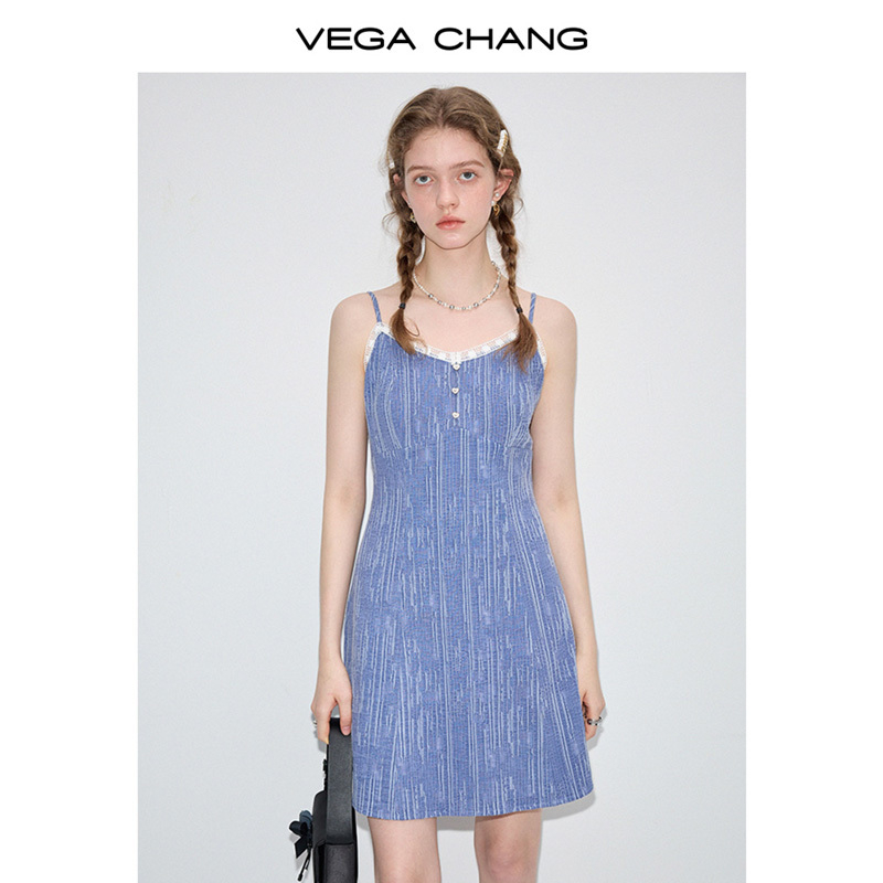 【限量款】VEGA CHANG吊带连衣裙女夏装小个子蕾丝花边裙+针织衫 - 图1