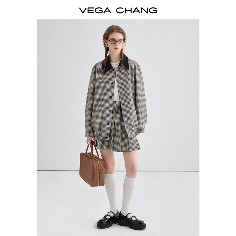 VEGA CHANG时尚套装女春新款法式复古格纹休闲外套百褶裙两件套裙