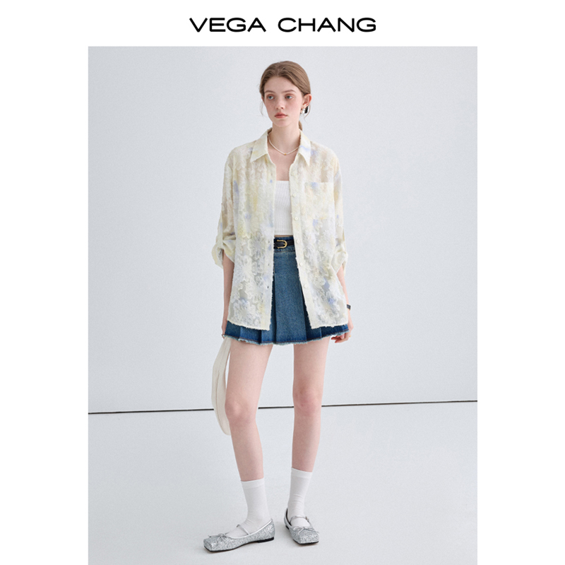 VEGA CHANG提花衬衫女2024年夏新款设计感小众宽松显瘦上衣ins潮-图0