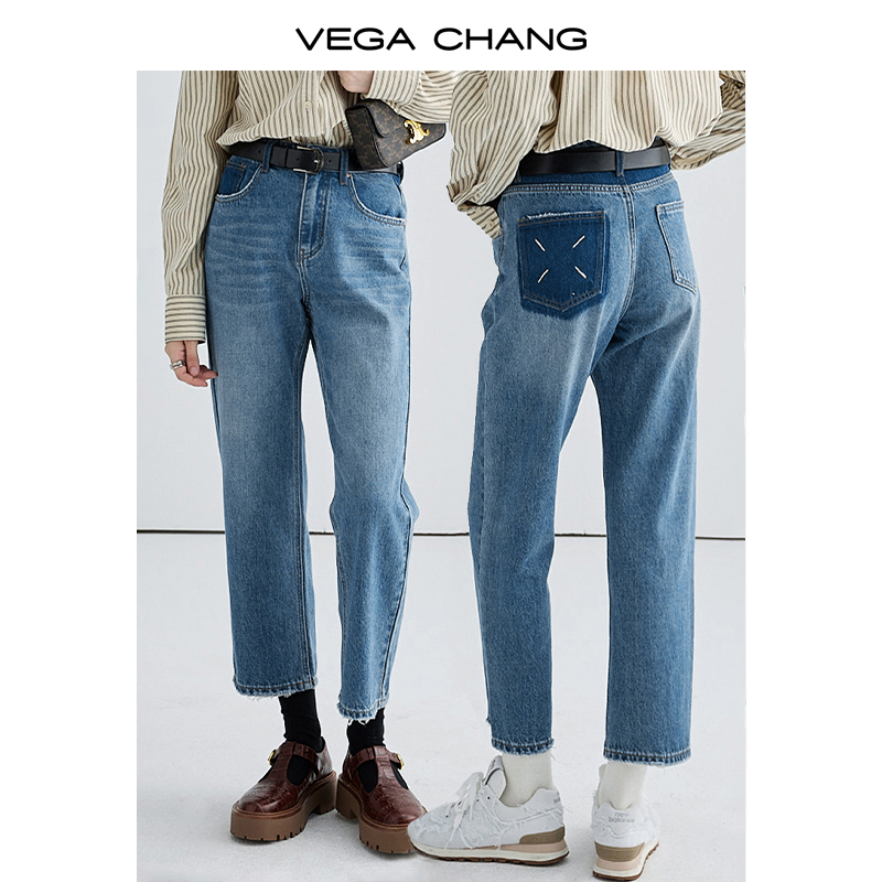 VEGACHANG复古直筒牛仔裤女阔腿
