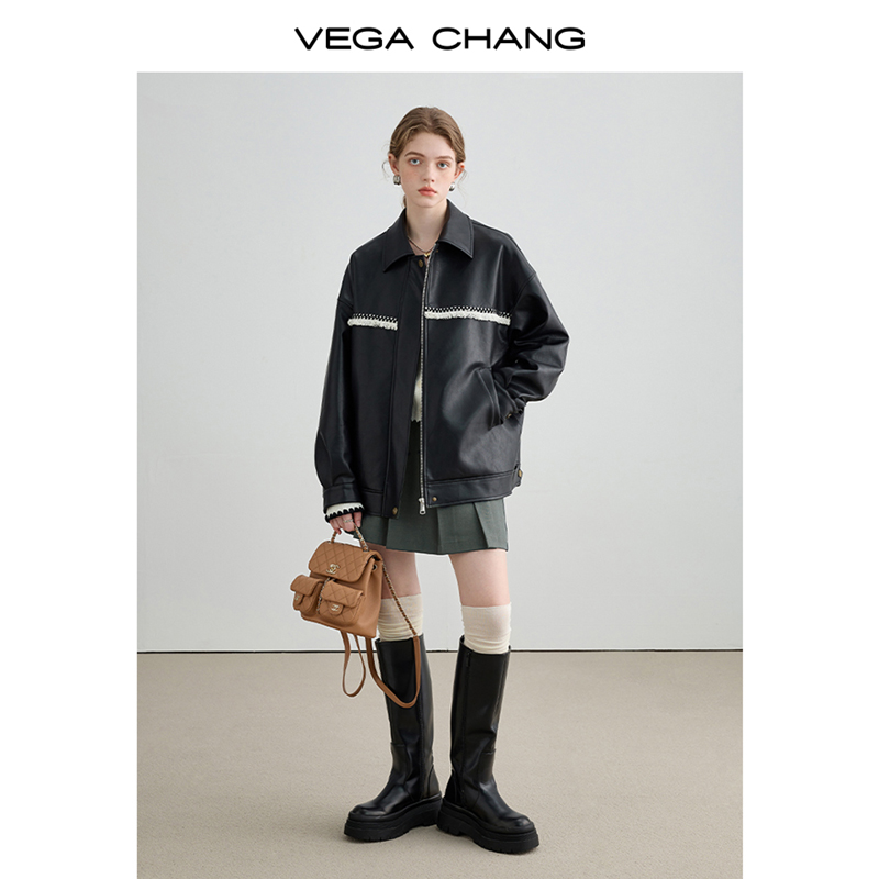 8.16上新流苏织带糅合皮衣中性黑色皮衣外套