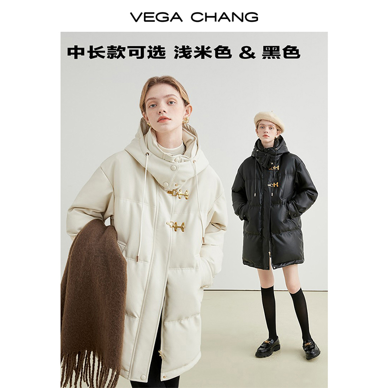 VEGA CHANG加厚PU皮羽绒服女2023年冬新款小个子白鸭绒保暖短外套