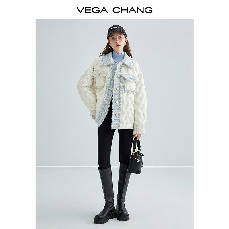 VEGA CHANG小香风羽绒服短款2023新款小个子粗花呢保暖羽绒外套