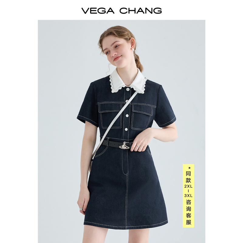 VEGA CHANG牛仔连衣裙夏季女2024年新款法式蕾丝娃娃领衬衫裙子