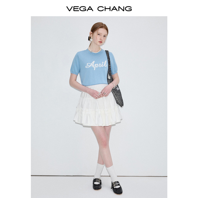 VEGA CHANG毛针织衫女2024年夏季新款设计感撞色字母提花针织短袖