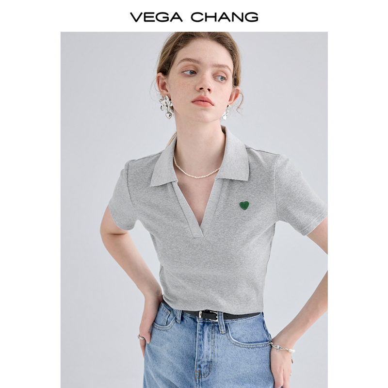 VEGA CHANG爱心针织t恤女2024夏款设计感polo领法式短袖提花上衣-图0