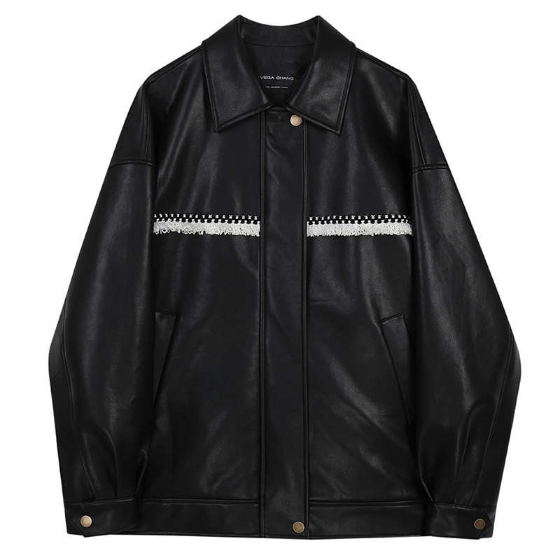 8.16上新流苏织带糅合皮衣中性黑色皮衣外套