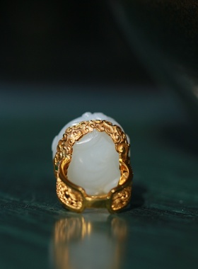 21年老店天然和田玉羊脂玉貔貅18k金镶嵌戒指正品带证书d