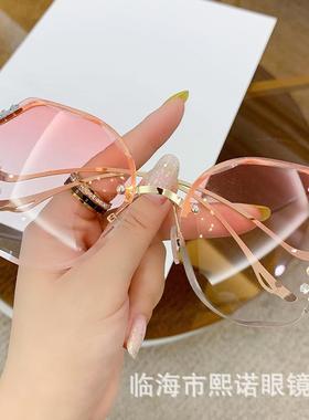 2021跨境新款无框切边太阳镜时尚墨镜大脸显瘦网红镶钻眼镜韩版