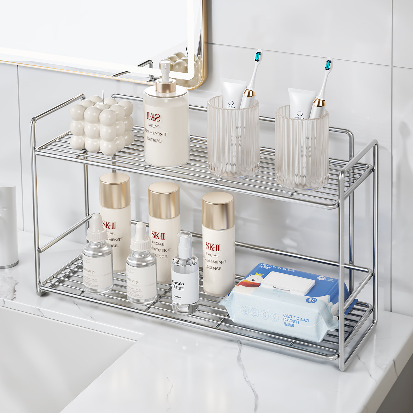 圣西陶洗漱台不锈钢置物架双层浴室收纳卫生间台面洗漱化妆品架子,淘宝优惠券,粉丝福利购,淘宝优惠卷