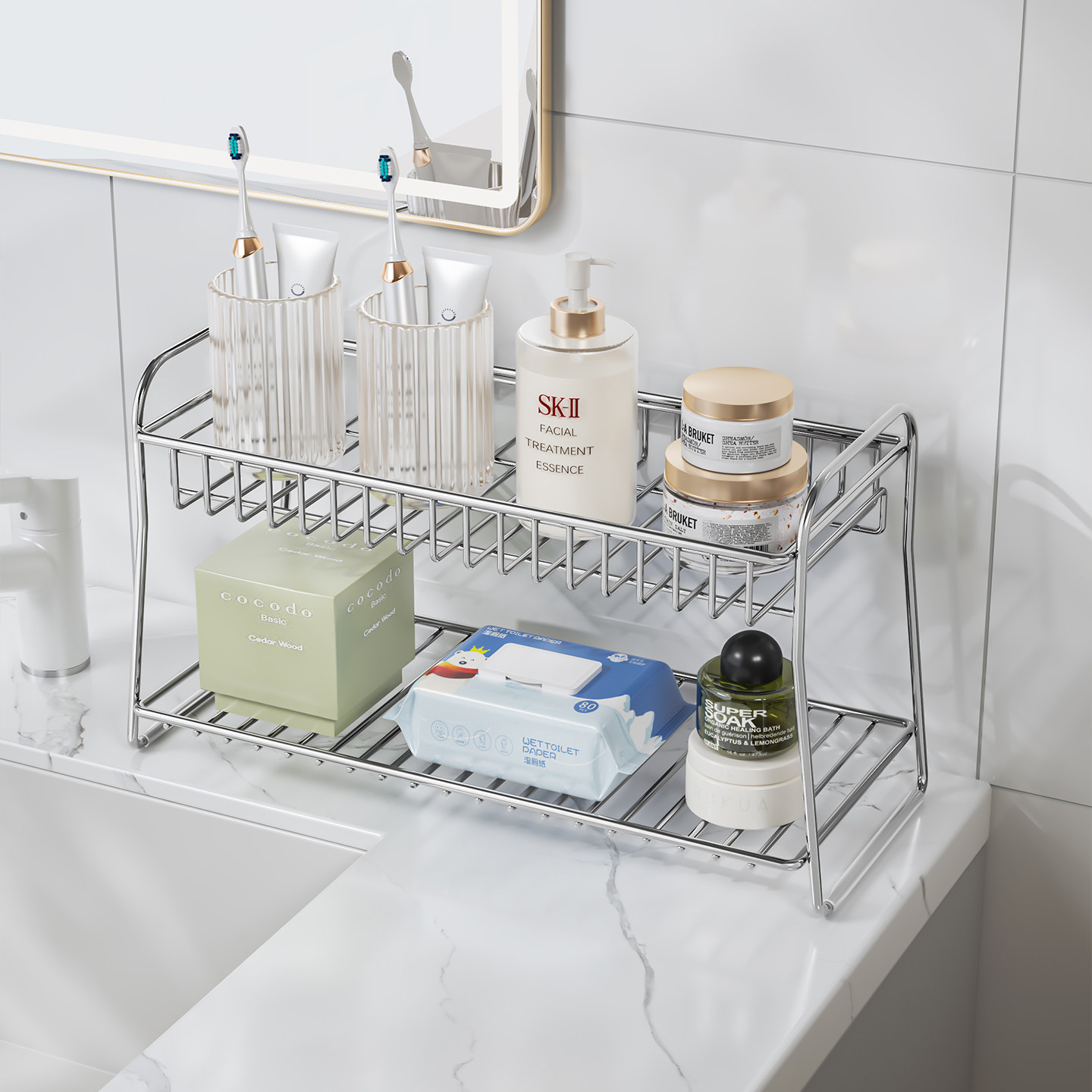 圣西陶洗漱台不锈钢置物架双层浴室收纳卫生间台面洗漱化妆品架子,淘宝优惠券,粉丝福利购,淘宝优惠卷