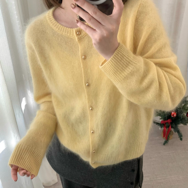 MOMO-Super wooly 26-year early spring brushed round neck simple knitted cardigan (including 100 sheep wool) 7901