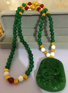 手工绿玛瑙玉石观音欧币风金项链