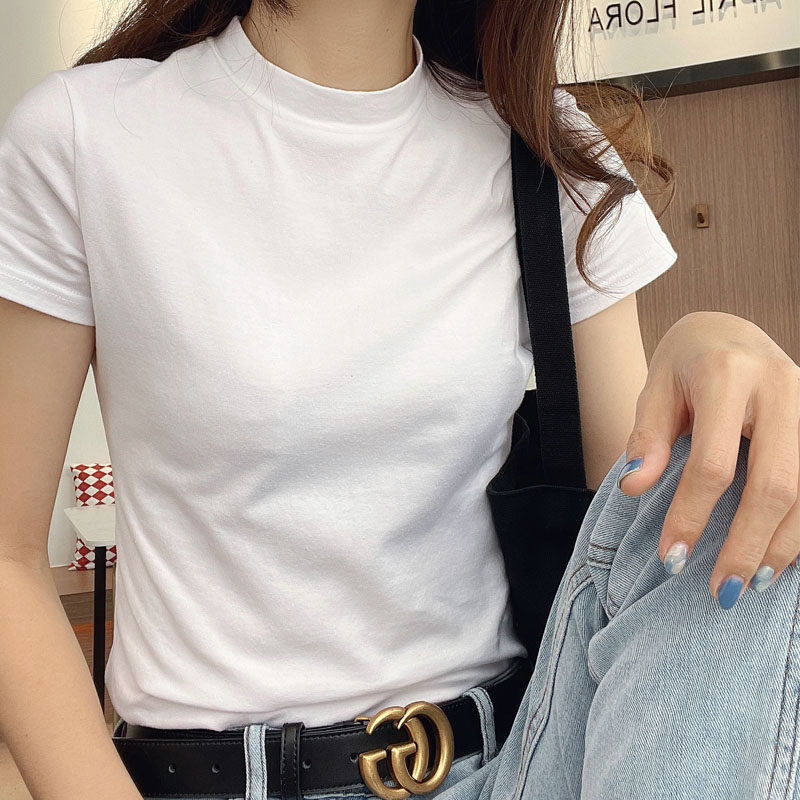 2026新款正肩短袖t恤女修身紧身纯棉白色半高领打底衫夏上衣纯色