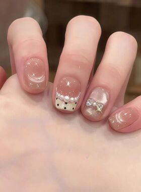 【波点奶糖】纯手工法式波点穿戴甲猫眼显白蝴蝶结钻千金美甲贴片