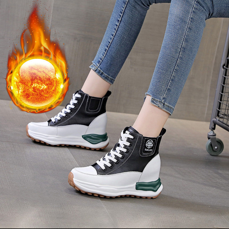 女鞋真皮秋新款松糕单鞋百搭高跟厚底内增高休闲高帮鞋子短靴,淘宝优惠券,粉丝福利购,淘宝优惠卷