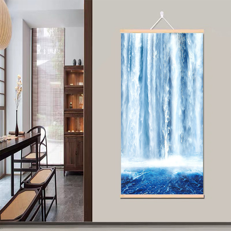 流水瀑布实木轴山水挂画过道玄关客厅海景装饰画简约自贴墙上背胶,淘宝优惠券,粉丝福利购,淘宝优惠卷