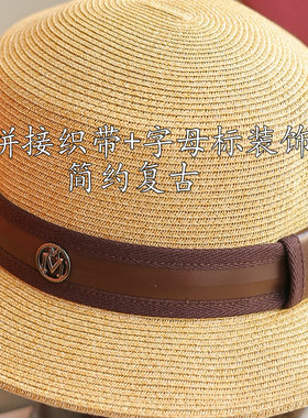 法式M标复古时尚PU织带平顶帽夏