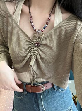 民族风陶瓷蝴蝶铃铛项链女