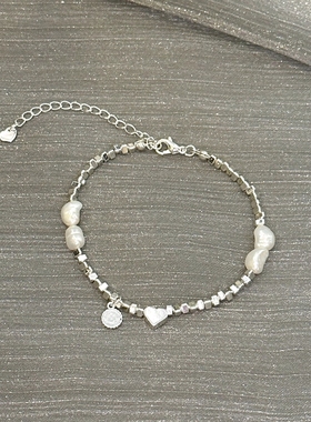 不规则碎银子小爱心珍珠手链女