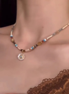 秋冬复古高级感绿松石串珠项链女