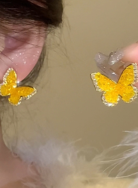 黄色水晶蝴蝶耳环小众设计感甜美