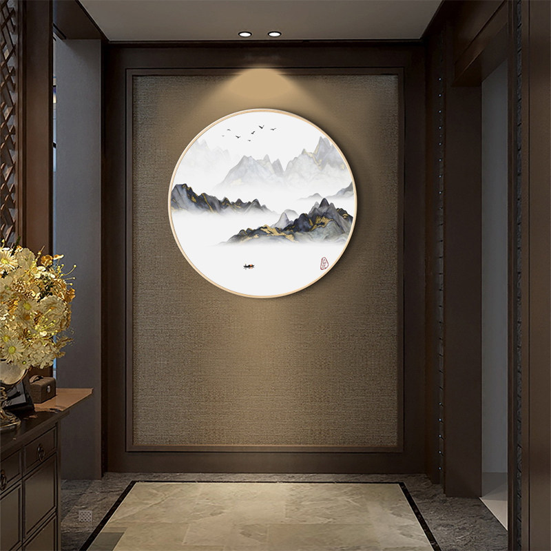 新中式手绘意境水墨中国风山水圆形背景墙壁纸无纺布墙纸定制3d